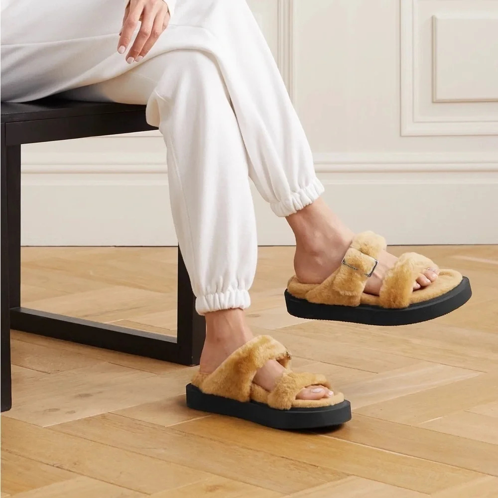 Giuseppe Zanotti Shearling Slides Faux Fur Camel Platform Sandals with buckles - Picture 1 of 12